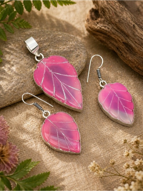 Hand Crafted Jewelry - Pink Botswana Agate Carved Leaf Gemstone Pendant+Earring Set